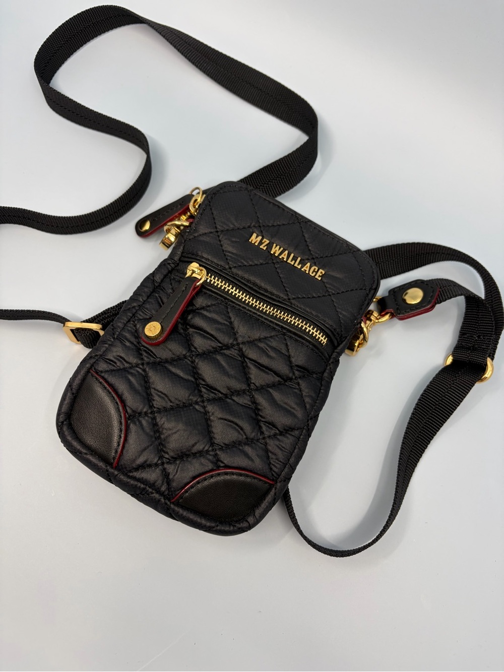 MZ Wallace Micro Crosby Sling Bag Black Quilted Crossbody Phone Case Gold